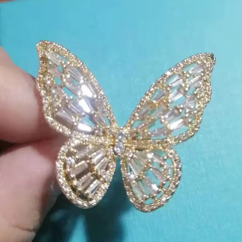 R14 Golden White Butterfly Open Ring