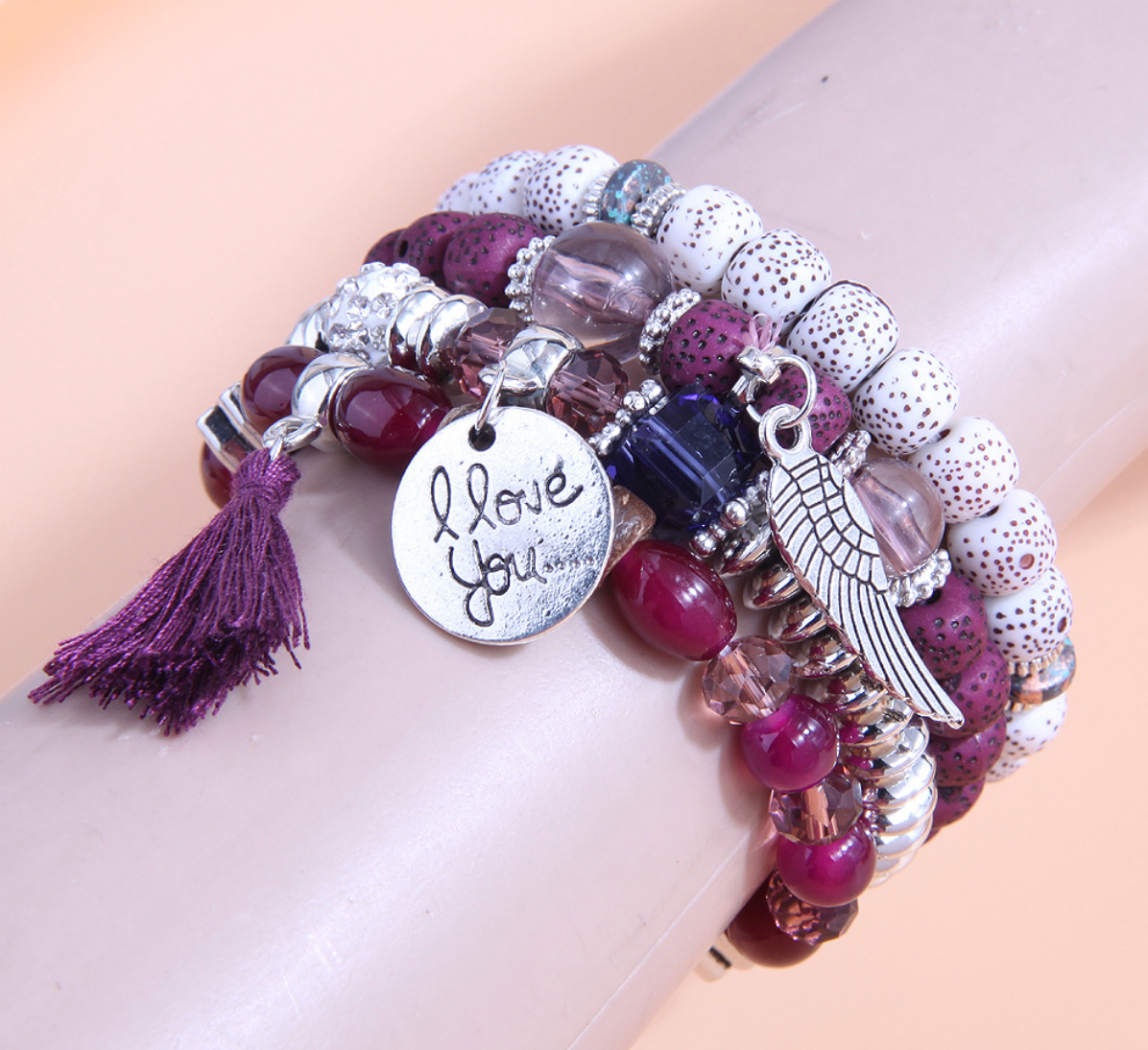 B26 Purple Heart Wings Tassel Multilayer Bracelet
