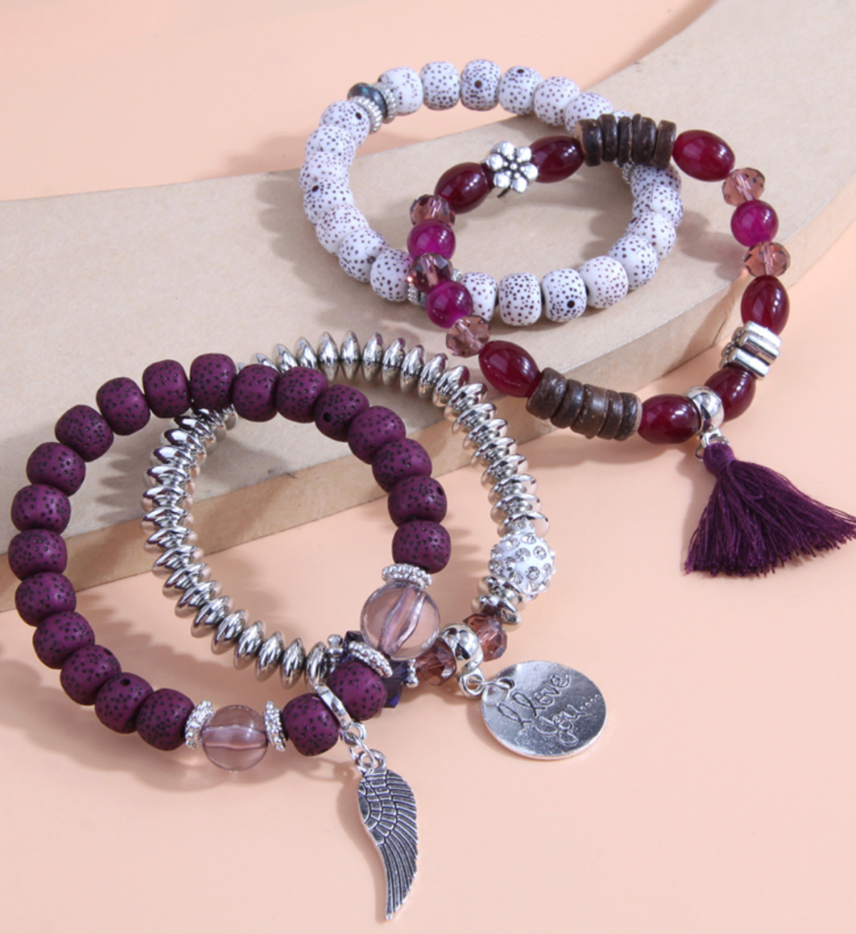 B26 Purple Heart Wings Tassel Multilayer Bracelet