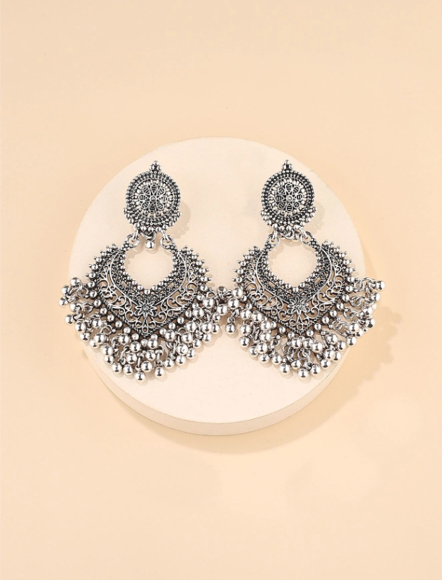 E57 Silver Beaded Tassel Drop Earrings