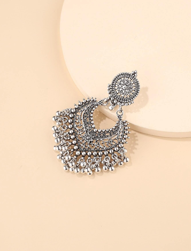E57 Silver Beaded Tassel Drop Earrings