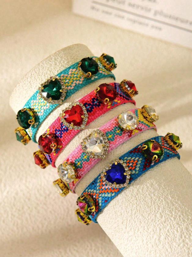 Diamond Heart Braided Bracelet - 3 Available Colors