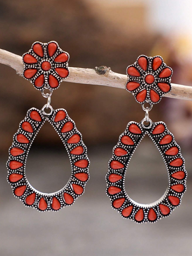 E61 Turquoise Stone Red Teardrop Earrings