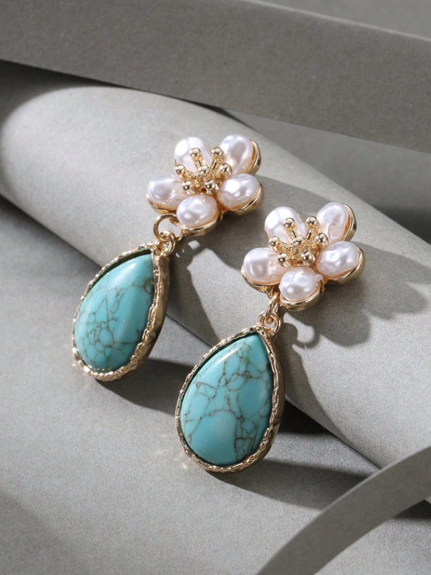 E64 Vintage Pearl & Flower Turquoise Pendant Earrings