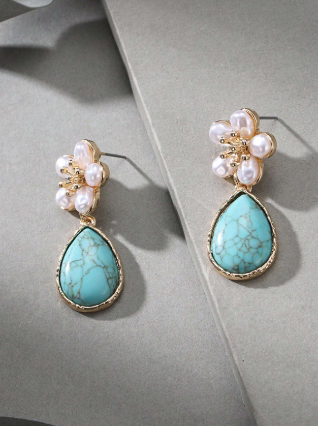 E64 Vintage Pearl & Flower Turquoise Pendant Earrings