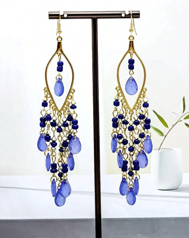 E2 Blue Beaded Tassel Drop Earrings