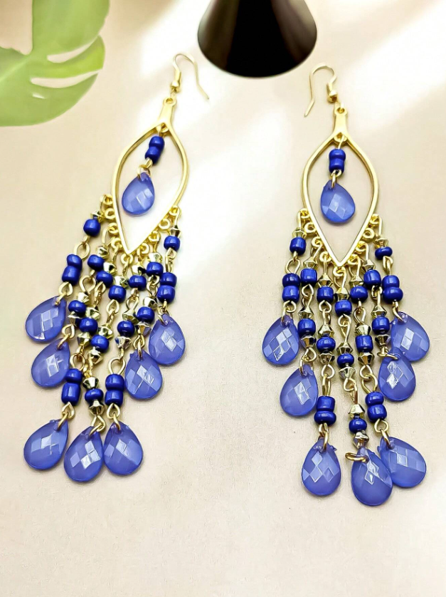E2 Blue Beaded Tassel Drop Earrings