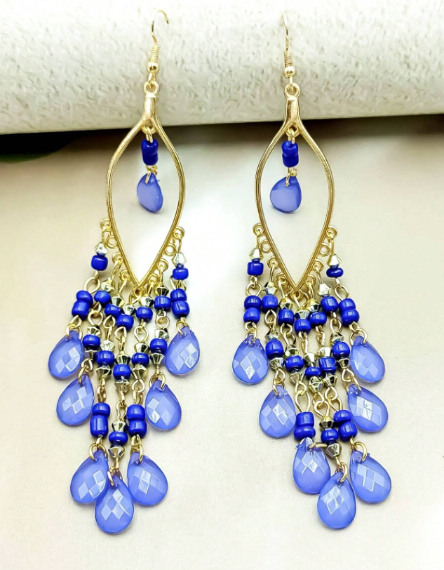 E2 Blue Beaded Tassel Drop Earrings
