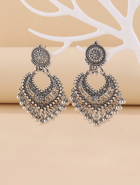 E57 Silver Beaded Tassel Drop Earrings