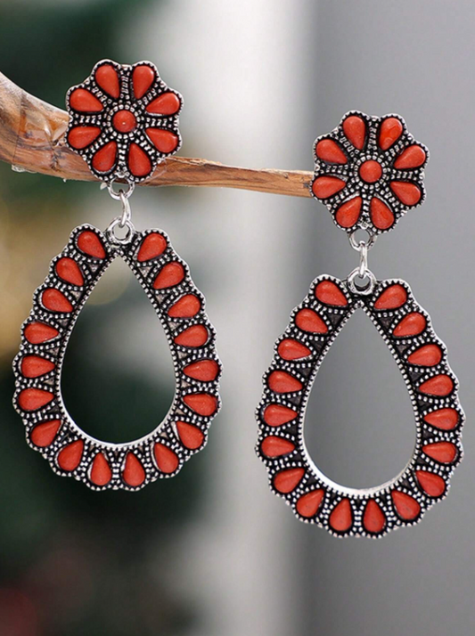 E61 Turquoise Stone Red Teardrop Earrings