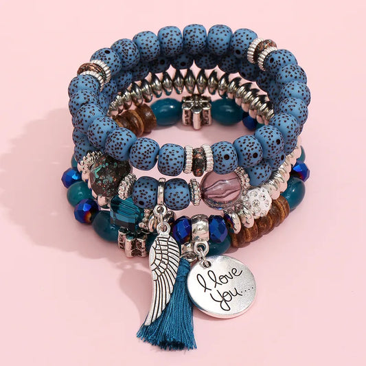 B24 Peacock Blue Heart Wings Multilayer Bracelet