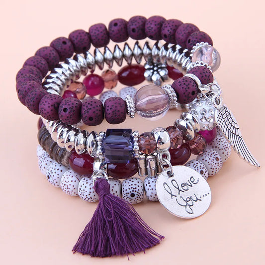 B26 Purple Heart Wings Tassel Multilayer Bracelet